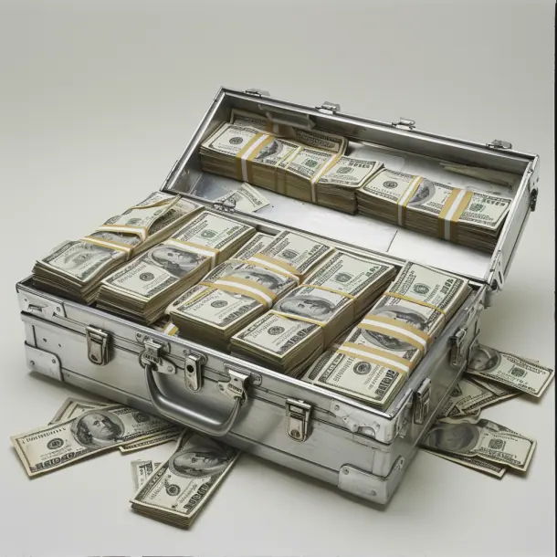 The image presents a striking close-up of a metal briefcase brimming with bundles of US currency. The bills are all 100-dollar denominates, neatly banded together, and fill the case to near capacity.