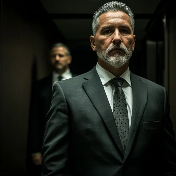 An Executive protection agent standing in an elevator behind his client