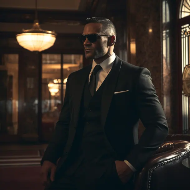 Picture of a bodyguard standing in a hotel lobby wearing a dark color suit with sunglasses waiting for a client