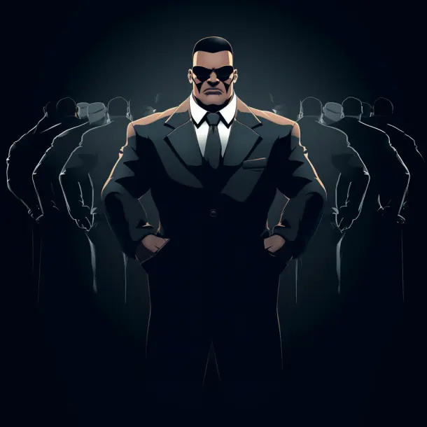 Cartoon character of a Private bodyguard wearing an all-black suit and black sunglasses with a black background.